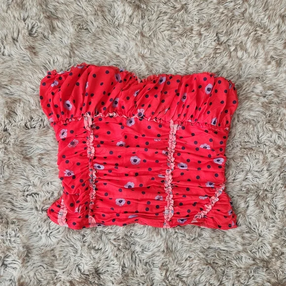 Free People Scottie Printed Tube Top Hot Red Combo Floral & Polka Dot Medium - Picture 2 of 10